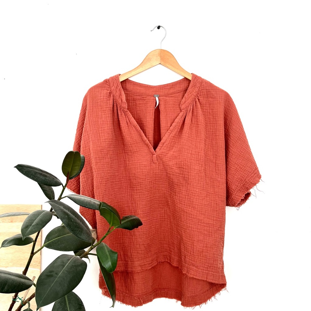 YFB coral Muslin Short Sleeve w fringe on the bottom